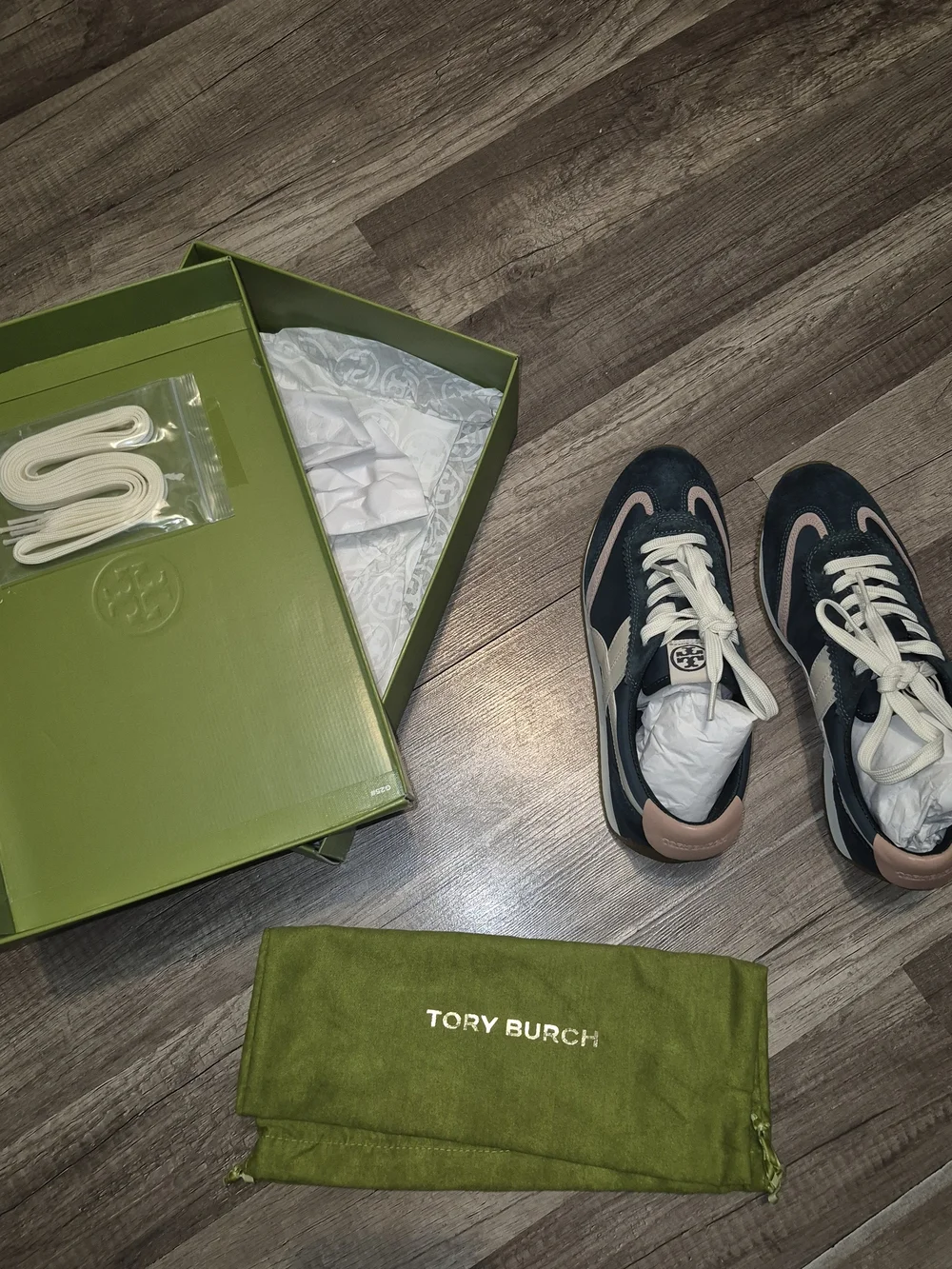 Tory Burch Teal Suede Sneakers with Pink Accents